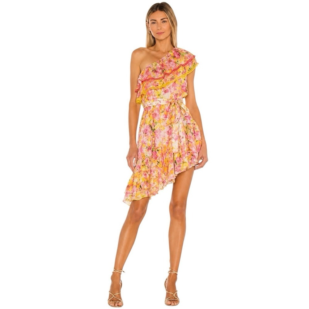 ROCOCO SAND Georgette One Shoulder Ruffle Floral Dress Yellow Pink NWT Sz M